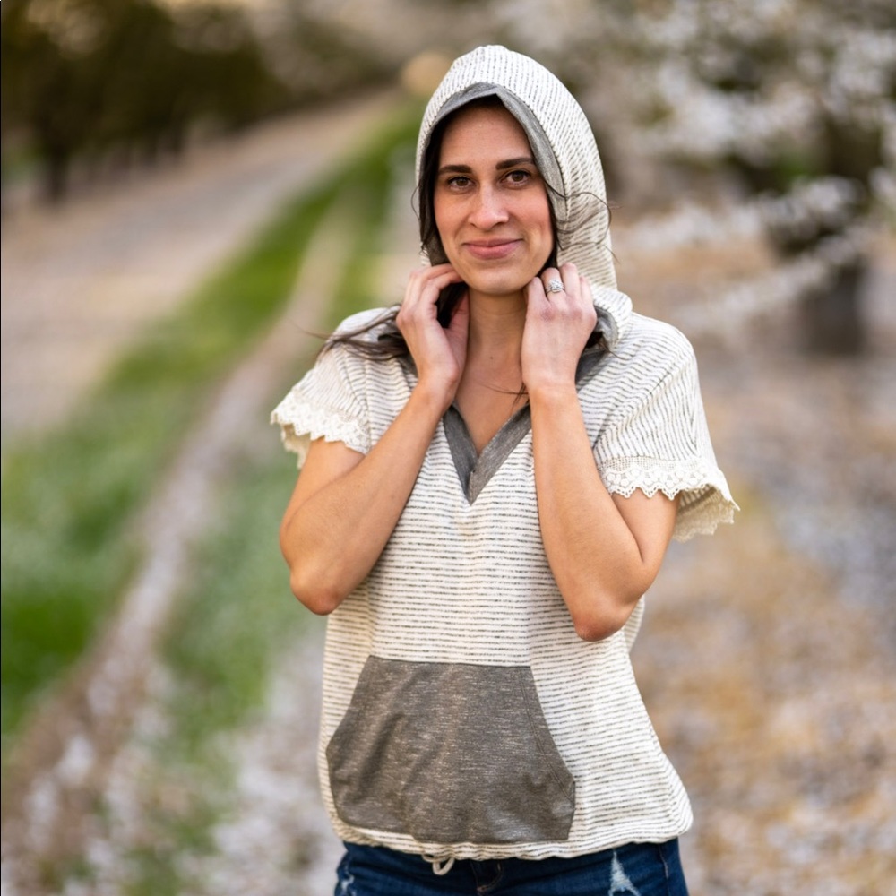 Pullover Hoodie w/ Lace Sleeve Details